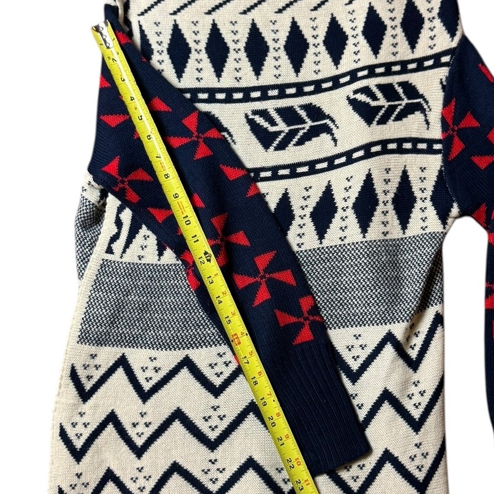 Southwestern Fair Isle Knit Open Front Cardigan Navy Cream Red Geometric Boho - Picture 6 of 8